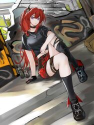 Rule 34 | 1girl, arknights, arm support, belt, black belt, black choker, black footwear, black gloves, black shirt, black socks, choker, gloves, highres, horns, ikmaln300 (mal008), kneehighs, long hair, looking at viewer, midriff, miniskirt, official alternate costume, purple eyes, red hair, red skirt, shirt, shoes, short sleeves, single glove, sitting, skirt, socks, solo, surtr (arknights), surtr (liberte echec) (arknights), thigh belt, thigh strap, very long hair