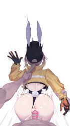 Rule 34 | 1boy, 1girl, absurdres, animal ears, anus, arm grab, ass, bar censor, baseball cap, bent over, black headwear, black leotard, brown hair, censored, clothed sex, clothing aside, cropped jacket, cum, cum in pussy, cum overflow, dima (girls&#039; frontline), eonsang, fake animal ears, fake tail, girls&#039; frontline, gloves, grabbing another&#039;s hair, hat, hetero, high ponytail, highres, jacket, leotard, leotard aside, long hair, long sleeves, penis, playboy bunny, pussy, rabbit ears, rabbit tail, sex, simple background, solo focus, tail, vaginal, white background, yellow jacket