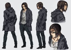 Rule 34 | 1boy, absurdres, brown hair, character sheet, daisx (dais0115), eren yeager, frown, full body, hands in pockets, highres, looking ahead, looking at viewer, male focus, multiple views, pants, shingeki no kyojin, standing, thick eyebrows
