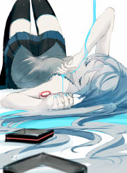 Rule 34 | 1girl, absurdres, bare arms, black footwear, black skirt, blue hair, blue nails, blue theme, blurry, blurry foreground, boots, closed eyes, closed mouth, commentary, covering own mouth, depth of field, english commentary, grey background, grey shirt, hair spread out, hand on own face, hatsune miku, highres, knees up, light blue hair, long hair, lying, muted color, nail polish, on back, paint, pleated skirt, potetoneko, shirt, simple background, skirt, sleeveless, sleeveless shirt, solo, thigh boots, thighhighs, upside-down, very long hair, vocaloid, zettai ryouiki