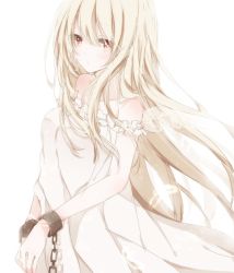 Rule 34 | 1girl, bare shoulders, blonde hair, chain, cuffs, hiro (hirohiro31), long hair, looking at viewer, original, red eyes, shackles, simple background, solo, wings