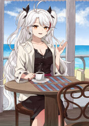 Rule 34 | 1girl, absurdres, ahoge, azur lane, black shirt, black skirt, breasts, buttons, cleavage, coffee, commission, cross, cross earrings, cup, disposable coffee cup, disposable cup, earrings, highres, holding, holding cup, jacket, jewelry, kanmiya shinobu, large breasts, looking at viewer, medium breasts, multicolored hair, open clothes, prinz eugen (azur lane), shirt, sitting, skeb commission, skirt, smile, solo, striped hair, twintails, two-tone hair, two side up, white hair, white jacket