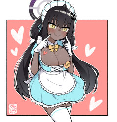 Rule 34 | 1girl, ahoge, alternate costume, black hair, blue archive, blue dress, blush, bow, bowtie, breasts, cleavage, cleavage cutout, closed mouth, clothing cutout, commission, cowboy shot, cross-laced clothes, dark-skinned female, dark skin, detached collar, dress, gloves, heart, junsuina fujunbutsu, karin (blue archive), large breasts, long hair, looking at viewer, maid headdress, outside border, pixiv commission, ringed eyes, simple background, smile, thighhighs, twintails, yellow eyes, yellow neckwear, zettai ryouiki
