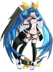 Rule 34 | absurdres, angel wings, arere r, asymmetrical wings, bare shoulders, belt, black panties, black thighhighs, blue hair, breasts, cleavage, cleavage cutout, clothing cutout, collarbone, detached collar, detached sleeves, dizzy (guilty gear), full body, groin, guilty gear, guilty gear xrd, hair rings, hand on own chest, highres, large breasts, mature female, midriff, monster girl, navel, open mouth, panties, red eyes, ribbon, skindentation, tail, tail ornament, tail ribbon, thick thighs, thighhighs, thighs, twintails, underwear, wide sleeves, wings, yellow ribbon
