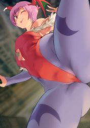 Rule 34 | 1girl, animal print, ass, bare shoulders, bat print, bat wings, blue pantyhose, blush, breasts, bridal gauntlets, capcom, closed mouth, crotch, demon girl, head wings, highleg, highleg leotard, highres, leotard, lilith aensland, looking at viewer, minakami (flyingman555), one eye closed, pantyhose, print pantyhose, purple hair, red eyes, red leotard, short hair, small breasts, smile, solo, spread legs, thighs, tongue, tongue out, vampire (game), wings