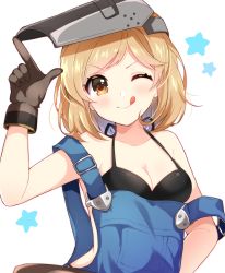 Rule 34 | 1girl, :q, absurdres, bikini, black bikini, black gloves, blonde hair, breasts, brown eyes, cleavage, djeeta (granblue fantasy), gloves, granblue fantasy, halterneck, hand on own hip, highres, looking at viewer, nameneko (124), overalls, short hair, simple background, solo, star (symbol), suspenders, suspenders slip, swimsuit, tongue, tongue out, upper body, v-shaped eyebrows, welding mask, white background