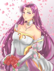 Rule 34 | 1girl, absurdres, alternate costume, bouquet, breasts, brunnya (fire emblem), circlet, cleavage, dedenee, dress, earrings, female focus, fire emblem, fire emblem: the binding blade, flower, highres, holding, holding bouquet, jewelry, large breasts, lipstick, long hair, looking at viewer, makeup, matching hair/eyes, necklace, nintendo, petals, purple eyes, purple hair, solo, wedding dress, white dress