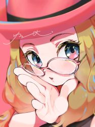 Rule 34 | 1girl, bare arms, bespectacled, blonde hair, blue eyes, blurry, commentary request, creatures (company), eyelashes, game freak, glasses, hand up, hat, highres, long hair, looking at viewer, nintendo, open mouth, pink background, pink hat, pokemon, pokemon xy, serena (pokemon), shirt, simple background, sleeveless, sleeveless shirt, solo, surumeika (ninfiiiir), upper body
