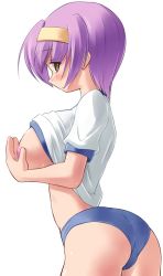 Rule 34 | 1girl, ass, breasts, buruma, clothes lift, covering privates, covering breasts, female focus, gym uniform, hairband, kourourin, large breasts, original, purple hair, shirt lift, short hair, simple background, solo, white background