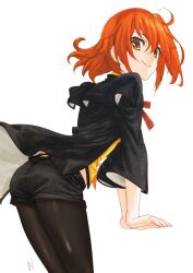 1girl absurdres black_jacket black_pantyhose black_shorts brown_eyes commentary cwind fate/grand_order fate_(series) fujimaru_ritsuka_(female) fujimaru_ritsuka_(female)_(mage&#039;s_association_uniform) highres jacket looking_at_viewer looking_back one_side_up orange_hair pantyhose short_hair short_shorts shorts simple_background smile solo white_background