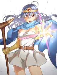 Rule 34 | 1girl, abo (hechouchou), absurdres, ahoge, aqua hair, belt, breasts, buckle, cape, circlet, cleavage, commentary, dragon quest, dragon quest iii, dress, elbow gloves, gloves, highres, long hair, magic, medium breasts, open mouth, reaching, reaching towards viewer, red eyes, sage (dq3), scarf, short dress, sleeveless, sleeveless dress, solo, staff, thighhighs, thighs, yellow gloves