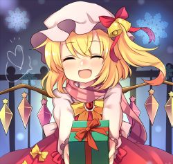 Rule 34 | 1girl, :d, ^ ^, bell, blonde hair, box, closed eyes, closed eyes, fang, fence, flandre scarlet, gift, gift box, hat, lowres, mob cap, open mouth, ruhika, scarf, shirt, skirt, smile, snowflakes, solo, touhou, vest, wings