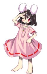 Rule 34 | 1girl, animal ears, barefoot, black hair, blush, rabbit ears, dress, female focus, inaba tewi, jewelry, necklace, one eye closed, pink dress, red eyes, same no hito, solo, touhou