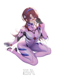 Rule 34 | 1girl, absurdres, adjusting eyewear, arm support, blue eyes, bodysuit, breasts, brown hair, commentary request, covered collarbone, evangelion: 2.0 you can (not) advance, evangelion: 3.0 you can (not) redo, full body, glasses, hairband, hand up, high heels, highres, koi han, long sleeves, looking at viewer, makinami mari illustrious, medium breasts, neon genesis evangelion, parted lips, pink bodysuit, plugsuit, rebuild of evangelion, red-framed eyewear, shiny clothes, simple background, sitting, skin tight, smile, solo, white background