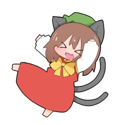 Rule 34 | &gt; &lt;, :d, amakaeru, animal ears, blush, brown hair, chen, fang, green hat, hat, highres, multiple tails, open mouth, ribbon, smile, solo, tail, touhou, white background, xd, yellow ribbon
