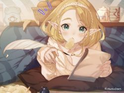 Rule 34 | 1girl, ^^^, artist name, basket, blonde hair, blush, bowl, breasts, chips (food), cleavage, collarbone, commentary, commentary request, cushion, food, food on face, fruit, green eyes, hairband, highres, ink bottle, jewelry, kotatsu, long sleeves, looking at viewer, lying, mandarin orange, medium breasts, mouth hold, necklace, nintendo, notepad, on stomach, pointy ears, princess zelda, quill, short hair, shuri (84k), sleeves past wrists, solo, sweater, table, teapot, the legend of zelda, the legend of zelda: breath of the wild, the legend of zelda: tears of the kingdom, triforce, twitter username, under kotatsu, under table, upper body, yellow hairband, yellow sweater