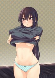 Rule 34 | 1girl, absurdres, alternate costume, black hair, black sweater, blue panties, bow, bow panties, breasts, clothes lift, cowboy shot, highres, jouzaburou (joe3), kantai collection, large breasts, lifted by self, long hair, long sleeves, nagato (kancolle), navel, panties, polka dot, polka dot panties, red eyes, solo, sweater, sweater lift, underboob, underwear, undressing