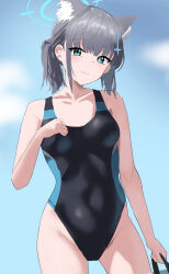 Rule 34 | 1girl, absurdres, animal ear fluff, animal ears, aw999555, black one-piece swimsuit, blue archive, blue eyes, blue sky, breasts, cloud, commentary, competition swimsuit, covered navel, cowboy shot, cross hair ornament, extra ears, grey hair, hair ornament, halo, highres, holding, low ponytail, medium breasts, medium hair, mismatched pupils, multicolored clothes, multicolored swimsuit, official alternate costume, one-piece swimsuit, shiroko (blue archive), shiroko (swimsuit) (blue archive), sky, solo, swimsuit, wolf ears