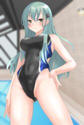 Rule 34 | 1girl, aqua eyes, aqua hair, black one-piece swimsuit, breasts, competition swimsuit, covered navel, cowboy shot, day, gluteal fold, hair ornament, hairclip, hand on own hip, highres, indoors, kantai collection, long hair, looking at viewer, medium breasts, multicolored clothes, multicolored swimsuit, nitamako (sakamalh), one-piece swimsuit, pool, rei no pool, solo, suzuya (kancolle), swimsuit, two-tone swimsuit, water