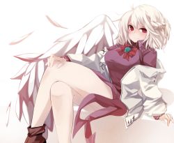 Rule 34 | 1girl, angel wings, bad id, bad twitter id, blush, boots, bow, bowtie, braid, breasts, brown footwear, collared dress, commentary request, crossed legs, dress, eyelashes, feathered wings, french braid, gem, green gemstone, hair between eyes, hand on own knee, jacket, kishin sagume, large breasts, light smile, mandarok1149, open clothes, open jacket, purple dress, red bow, red bowtie, red eyes, short hair, silver hair, simple background, single wing, sitting, smile, solo, thick thighs, thighs, touhou, white background, white jacket, wing collar, wings