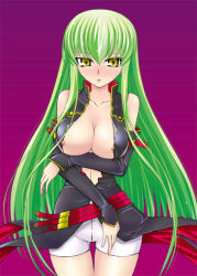 Rule 34 | 00s, 1girl, areola slip, blush, breast hold, breasts, c.c., cleavage, code geass, detached sleeves, fujimaru arikui, green hair, large breasts, long hair, nipple slip, nipples, open clothes, open shirt, shirt, short shorts, shorts, solo, thigh gap, thighs, yellow eyes