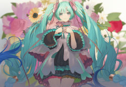 Rule 34 | 1girl, aqua eyes, aqua flower, aqua ribbon, black dress, blue hair, blush, braid, closed mouth, commentary, cowboy shot, dress, expressionless, eyebrows hidden by hair, flower, flower request, gradient hair, hair ornament, hands on own chest, hands up, hatsune miku, layered dress, lily (flower), long hair, long sleeves, looking at viewer, low-tied long hair, magical mirai miku, magical mirai miku (2021), multicolored hair, official alternate costume, own hands together, petunia (flower), pink flower, ribbon, rose, solo, sunflower, symbol-only commentary, twintails, very long hair, vocaloid, white dress, white flower, wide sleeves, yaoku, yellow flower