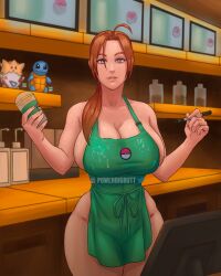 Rule 34 | 1girl, :3, alternate breast size, antenna hair, apron, artist name, breasts, brown eyes, brown hair, cleavage, clothes lift, creatures (company), cum, cum on body, cum on breasts, cum on upper body, curvy, delia ketchum, game freak, highres, iced latte with breast milk (meme), large breasts, lips, long hair, looking at another, looking at viewer, low ponytail, meme, naked apron, nintendo, pokemon, pokemon (anime), pokemon (classic anime), powerbigbutt, shiny skin, standing, stuffed toy, wide hips
