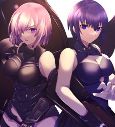 Rule 34 | 2girls, absurdres, armor, armored dress, bare shoulders, black dress, blue eyes, breasts, ciel (tsukihime), cleavage, cleavage cutout, clothing cutout, commentary request, dress, fate/grand order, fate (series), gaien (jin morisono), gun, hair over one eye, highres, holding, holding gun, holding shield, holding weapon, large breasts, light purple hair, looking at viewer, mash kyrielight, melty blood, multiple girls, purple dress, purple eyes, purple hair, shield, short hair, sleeveless, sleeveless dress, tsukihime, weapon