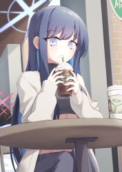 Rule 34 | 2girls, absurdres, black hair, black pants, blue archive, blue eyes, blue hair, breasts, cafe, cardigan, casual, chair, coat, commentary request, crop top, cup, disposable cup, drinking straw, grey cardigan, groin, halo, highres, holding, holding cup, iced coffee, long hair, long sleeves, looking at viewer, medium breasts, midriff, misaki (blue archive), multicolored hair, multiple girls, no mask, off shoulder, open cardigan, open clothes, pants, parted lips, projectorzero, saori (blue archive), shirt, single bare shoulder, sitting, sleeveless, sleeveless shirt, solo focus, table, two-tone hair, white coat