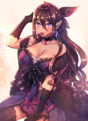 Rule 34 | 1girl, bare shoulders, black bow, black gloves, black hair, black legwear, blue eyes, blush, bow, breasts, brown hair, candy, chocolate, chocolate heart, choker, cleavage, creatures (company), elbow gloves, food, game freak, gen 7 pokemon, gloves, hand up, heart, huge breasts, long hair, looking at viewer, moe (hamhamham), mouth hold, multicolored hair, nintendo, personification, pink hair, pointy ears, pokemon, purple eyes, salazzle, sitting, smile, solo, streaked hair