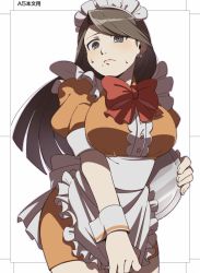 Rule 34 | 1girl, ace attorney, apron, breasts, brown hair, from below, holding, holding tray, long hair, maid, maid apron, maid headdress, mia fey, mole, mole under mouth, ribbon, short sleeves, sweat, tray, wahootarou, white background, wrist cuffs
