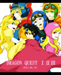 Rule 34 | blonde hair, cape, commentary request, crossover, dragon quest, dragon quest i, dragon quest ii, dragon quest iii, goggles, goggles on head, goggles on headwear, hood, long hair, multiple boys, multiple girls, prince of lorasia, prince of samantoria, princess of moonbrook, robe, short hair, spiked hair, white robe