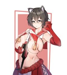 Rule 34 | 1girl, :/, animal ear fluff, animal ears, arm up, armpits, bare shoulders, black hair, blue archive, blush, breasts, claw pose, closed mouth, clothes lift, cowboy shot, elbow gloves, female pubic hair, gloves, grey eyes, gun, highres, holding, holding gun, holding weapon, large breasts, lifted by self, looking at viewer, nipple slip, nipples, no panties, pubic hair, puffy nipples, red gloves, red skirt, short hair, skirt, solo, stomach, tassel, tilt-shift (azalanz), trigger discipline, tsubaki (blue archive), twitter username, weapon