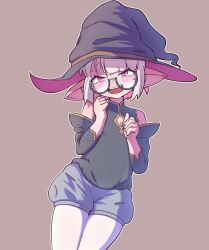 Rule 34 | 1girl, blush, colored inner hair, detached sleeves, glasses, hat, highres, looking at viewer, multicolored hair, open mouth, original, pantyhose, pantyhose under shorts, patatatan, pink eyes, pink hair, pointy ears, puffy shorts, purple background, round eyewear, semi-rimless eyewear, shorts, simple background, solo, white hair, white pantyhose, witch, witch hat
