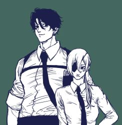 Rule 34 | 1boy, 1girl, adam&#039;s apple, aged down, bad id, bad twitter id, black eyes, black hair, black neckwear, business suit, chainsaw man, collared shirt, ear piercing, earrings, eyepatch, formal, hair between eyes, height difference, highres, jewelry, kishibe (chainsaw man), kishibe (young) (chainsaw man), long hair, long sleeves, looking at another, looking at viewer, necktie, piercing, quanxi (chainsaw man), shirt, shirt tucked in, short hair, sleeves rolled up, smile, suit