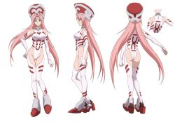 Rule 34 | 1girl, ass, blue eyes, character sheet, curvy, elbow gloves, full body, gloves, hat, houshin engi, leotard, long hair, looking at viewer, official art, pink hair, smile, so dakki, solo, standing, thighhighs, white background, white gloves, white leotard, white thighhighs