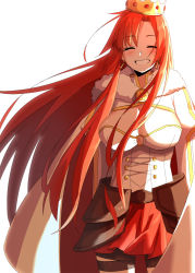 Rule 34 | 1girl, blush, boudica (fate), boudica (third ascension) (fate), breasts, cape, cleavage, cleavage cutout, closed eyes, clothing cutout, corset, crown, earrings, fate/grand order, fate (series), fur trim, highres, jewelry, long hair, red hair, shiime, simple background, skirt, smile, solo, thigh strap, very long hair, white background