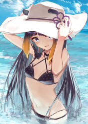 1girl absurdres arms_up bikini black_bikini black_hair blue_eyes blue_sky breasts day gradient_hair hat highres hololive hololive_english long_hair mole mole_under_eye multicolored_hair navel ninomae_ina&#039;nis ocean open_mouth orange_hair outdoors shirafu_ne sky small_breasts solo sun_hat swimsuit tentacle_hair virtual_youtuber white_hat