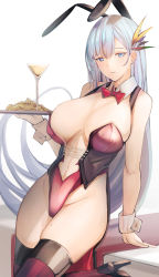 Rule 34 | 1girl, animal ears, azur lane, blue eyes, breasts, cleavage, drink, fake animal ears, hair ornament, highres, large breasts, long hair, looking at viewer, mole, mole on thigh, official alternate costume, parted lips, playboy bunny, rabbit ears, revision, silver hair, simple background, solo, thighhighs, ticonderoga (azur lane), ticonderoga (show stopper!) (azur lane), tray, yusha m
