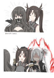 Rule 34 | 3girls, ?, ??, alternate hairstyle, angry, armor, aura, black eyes, black gloves, black hair, black jacket, breasts, brown hair, cleavage, cleavage cutout, closed eyes, clothing cutout, executioner (girls&#039; frontline), girls&#039; frontline, gloves, gun, hair brush, hair down, hair ribbon, hand on another&#039;s head, highres, holding, holding gun, holding hair brush, holding weapon, hunter (girls&#039; frontline), jacket, long hair, multiple girls, no eyes, red eyes, respirator, ribbon, scarecrow (girls&#039; frontline), shaded face, shadow71580825, simple background, twintails, weapon, white hair