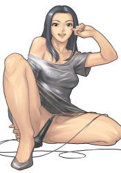 Rule 34 | 1girl, :d, arm up, bad id, bare legs, bare shoulders, barefoot, black footwear, black hair, black sweater, breasts, brown eyes, cable, collarbone, convenient censoring, dress, female pubic hair, fingernails, lion12, lips, long hair, medium breasts, microphone, no panties, no socks, off-shoulder, off-shoulder sweater, off shoulder, open mouth, original, pubic hair, round teeth, shoes, short sleeves, simple background, sitting, smile, solo, spread legs, sweater, sweater dress, teeth, white background