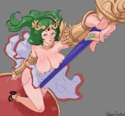 Rule 34 | 1girl, bracelet, breasts, breasts out, female focus, from above, galactic-overlord, green eyes, green hair, high heels, jewelry, kid icarus, large breasts, long hair, matching hair/eyes, nail polish, nintendo, nipple piercing, nipples, palutena, perspective, piercing, puffy nipples, solo