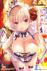 Rule 34 | 1girl, alternate breast size, alternate costume, artist name, black bow, blonde hair, blush, bow, breasts, cleavage, closed mouth, commentary request, cowboy shot, crystal, enmaided, flandre scarlet, frills, gloves, hair between eyes, hair bow, indoors, large breasts, light rays, looking at viewer, maid, maid headdress, mouth hold, one side up, pekopokox, red bow, red eyes, short hair, smile, solo, stained glass, thighhighs, touhou, white gloves, white headwear, white thighhighs, window, wings
