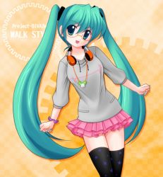 Rule 34 | 1girl, aoya (hoshixii), bad id, bad pixiv id, green eyes, green hair, hatsune miku, headphones, headphones around neck, jewelry, long hair, matching hair/eyes, necklace, project diva, project diva (series), project diva 2nd, skirt, solo, thighhighs, twintails, very long hair, vocaloid
