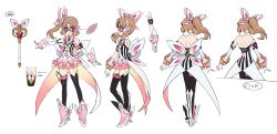 Rule 34 | 1girl, alternate costume, artist request, backless outfit, bare shoulders, black thighhighs, blue eyes, boots, bow, bowtie, breasts, butterfly hair ornament, character sheet, detached collar, dress, elbow gloves, full body, gauntlets, gloves, hair ornament, headphones, high heel boots, high heels, highres, jewelry, light brown hair, mask, multicolored clothes, multicolored skirt, multiple views, official art, orange skirt, pink skirt, print legwear, senki zesshou symphogear, senki zesshou symphogear xd unlimited, serena cadenzavna eve, side ponytail, simple background, skirt, small breasts, smile, staff, standing, strapless, strapless dress, striped clothes, striped dress, symphogear pendant, thighhighs, translated, vertical-striped clothes, vertical-striped dress, white background, white footwear, white gloves, white neckwear, zettai ryouiki