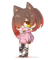 Rule 34 | 1girl, android, blush, brown hair, camouflage, chibi, clenched hand, gradient hair, hair over one eye, highres, hololive, hood, hoodie, mechanical legs, multicolored hair, nekoyama, one eye covered, open hand, open mouth, pink hoodie, red hair, roboco-san, roboco-san (hoodie), short hair, solo, virtual youtuber, waving, yellow eyes