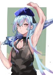 Rule 34 | 1boy, absurdres, androgynous, aofo, arknights, armpits, arms up, bad id, bad pixiv id, blue hair, blue hat, earrings, eyebrows hidden by hair, green background, hair between eyes, hat, highres, jewelry, looking to the side, mizuki (arknights), multicolored hair, pale skin, purple eyes, purple hair, sweat, tank top, white background