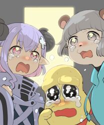 Rule 34 | 1boy, 2girls, animal ears, animal nose, bald, black choker, black eyes, blue hoodie, blush, choker, clenched hand, colored inner hair, colored skin, commentary request, crying, crying with eyes open, demon horns, doorway, frown, glowing, grey eyes, grey sleeves, hand up, happy tears, high collar, highres, hood, hood down, hoodie, horns, indie virtual youtuber, long pointy ears, mimic (vtuber), mode aim, multicolored hair, multiple girls, ohitori (o hitori sama 1), open mouth, peanuts-kun, pink eyes, pink hair, pointy ears, ponpoko (vtuber), purple hair, raccoon ears, raccoon girl, shrug (clothing), tears, virtual youtuber, wavy eyes, wavy mouth, yellow skin