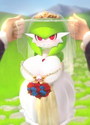 Rule 34 | 1boy, 1girl, absurdres, blush, bob cut, bouquet, breasts, bridal veil, bride, cleavage, colored skin, creatures (company), day, dress, flower, game freak, gardevoir, gen 3 pokemon, grass, green hair, highres, large breasts, looking at viewer, multicolored skin, mystical, narrow waist, nintendo, outdoors, pokemon, pokemon (creature), pov, pov hands, red eyes, short hair, shortstack, smile, veil, wedding dress, white dress, wide hips