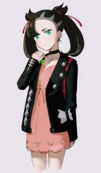 Rule 34 | 1girl, asymmetrical bangs, black choker, black hair, black jacket, choker, closed mouth, collarbone, commentary, creatures (company), dress, dusk ball, earrings, eyelashes, game freak, green eyes, hair ribbon, hand up, hazel0217, highres, holding, holding poke ball, jacket, jewelry, long sleeves, looking at viewer, marnie (pokemon), nintendo, open clothes, open jacket, pink dress, poke ball, pokemon, pokemon swsh, red ribbon, ribbon, signature, sketch, solo, twintails